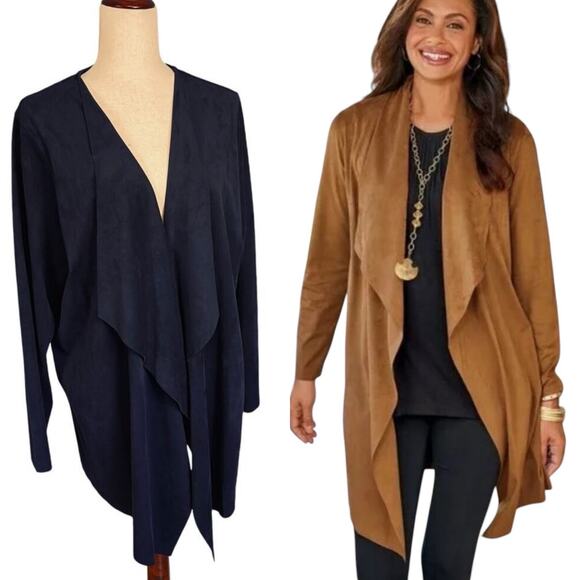 Soft Surroundings Faux Suede Waterfall Jacket Open Front Navy 1X - Picture 1 of 8